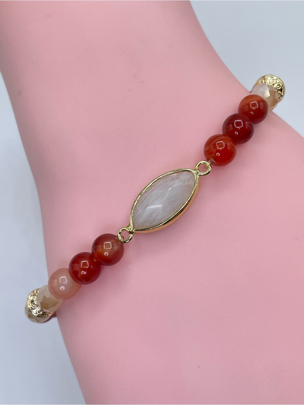 Red Orange Agate White Crystal Glass Beaded Gold Tone Stretch Statement Bracelet